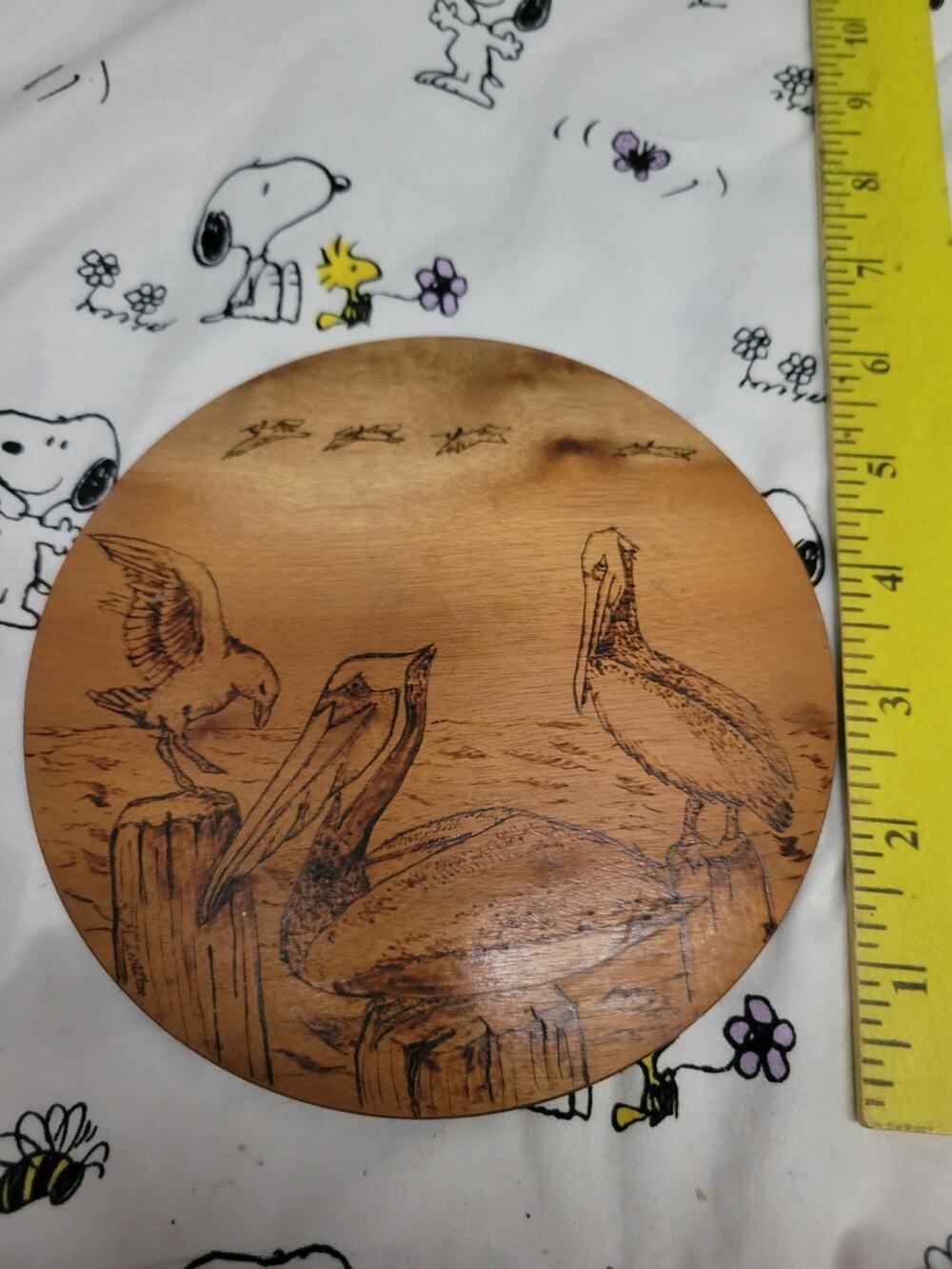 6" Wooden Wood Round Pelican Etched Wall Decor Hanging